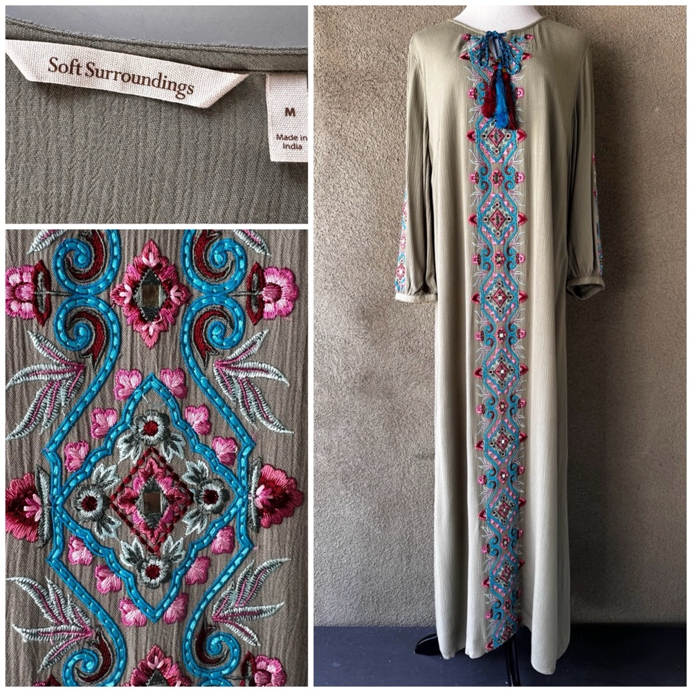 “Soft Surroundings” Sage Green Caftan with Machine Embroidery
